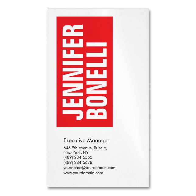 Professional minimalist modern bold red white 	Magnetic business card (Front Vertical)