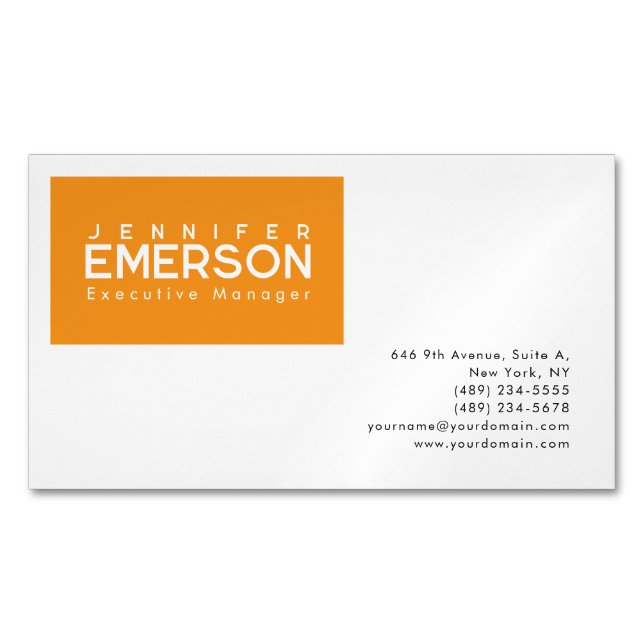 Professional minimalist modern plain orange white 	Magnetic business card (Front)