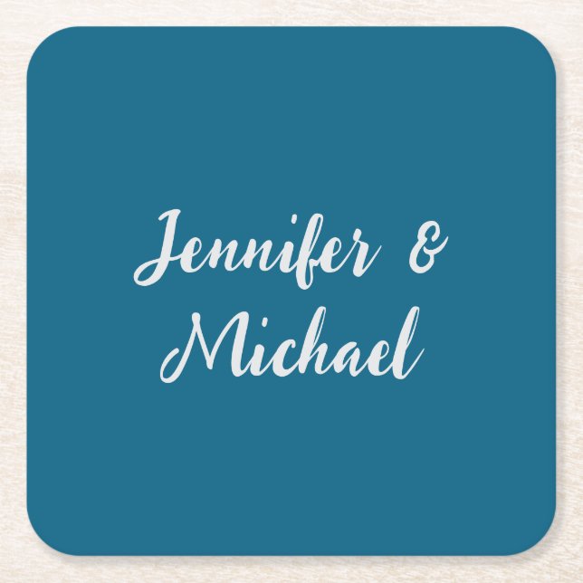 Professional minimalist ocean blue calligraphy square paper coaster (Front)