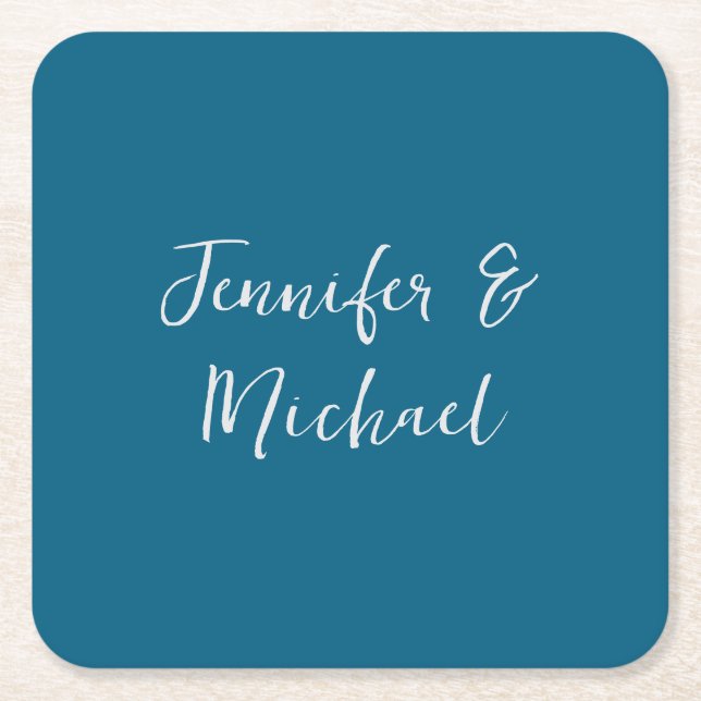 Professional minimalist ocean blue calligraphy square paper coaster (Front)