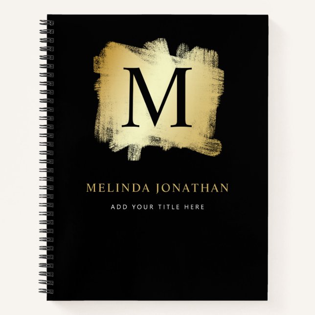 Professional Modern Black Gold Brush Monogram Notebook (Front)