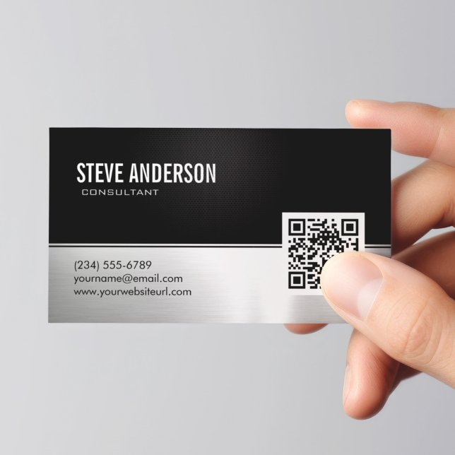 Professional Modern Black Silver Metallic QR Code Business Card (Creator Uploaded)