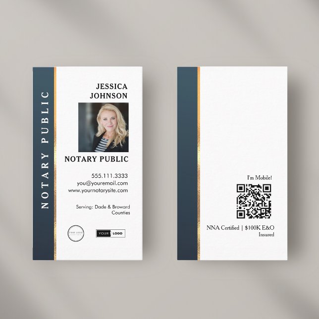 Professional Modern Blue & Gold Photo Notary  Business Card (Creator Uploaded)