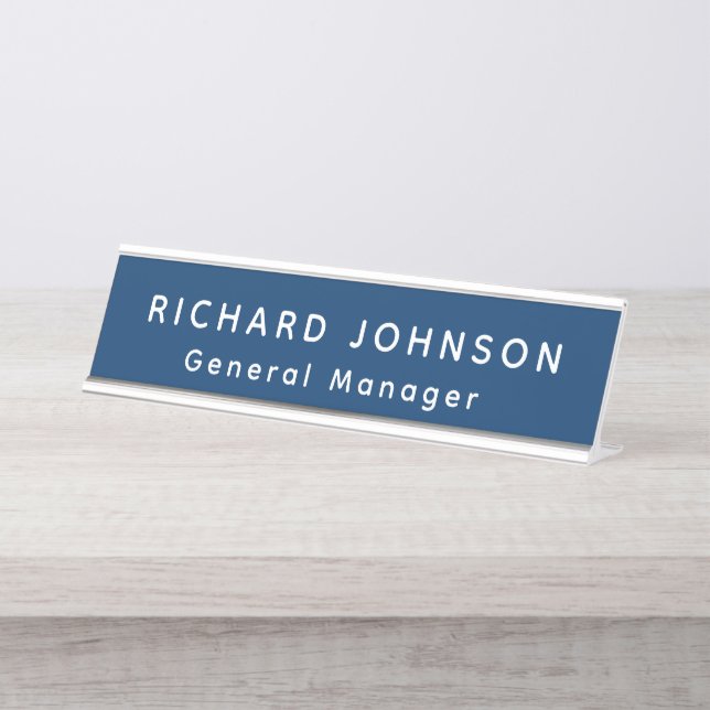 Professional Modern Blue White Office Name Title  Desk Name Plate (Front)