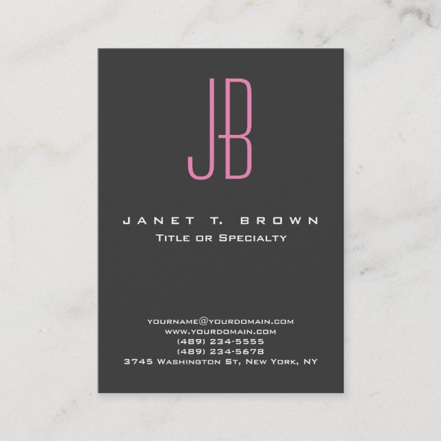 Professional Modern Grey Pink Monogram Business Card (Front)