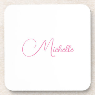 Professional modern handwriting name pink white coaster