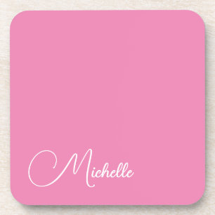 Professional modern handwriting name pink white coaster