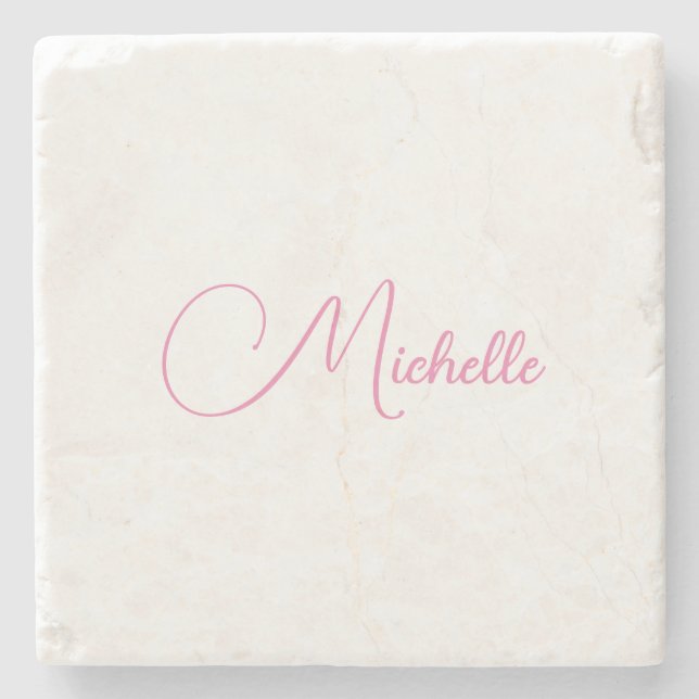 Professional modern handwriting name pink white stone coaster (Front)