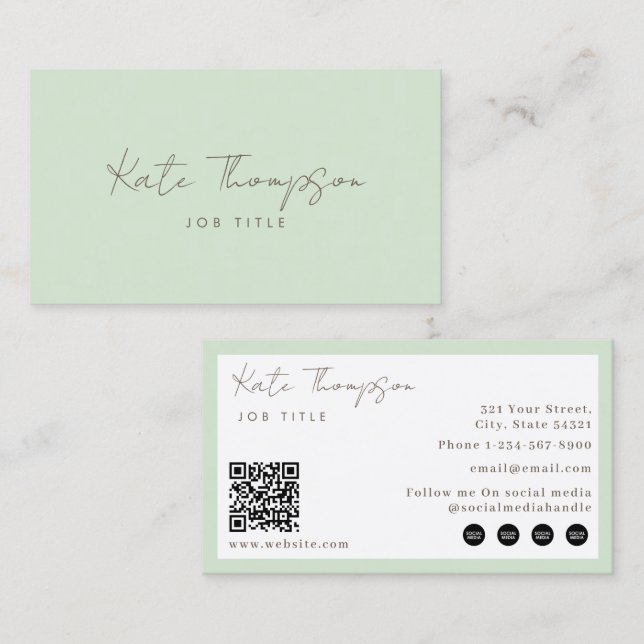 Professional Modern Light Green Minimalist QR Code Business Card (Front/Back)