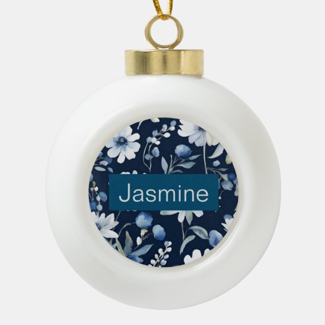 Professional Modern Minimalist Blue Floral Name Ceramic Ball Christmas Ornament (Front)