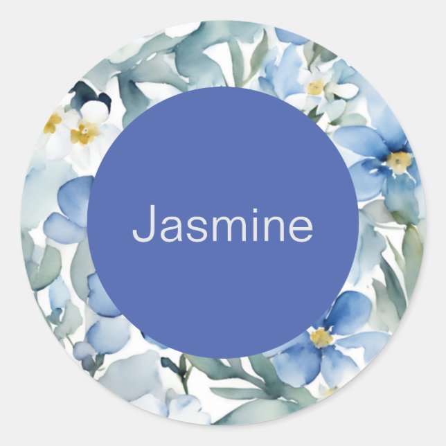 Professional Modern Minimalist Blue Floral Name Classic Round Sticker (Front)