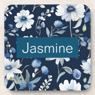 Professional Modern Minimalist Blue Floral Name Coaster