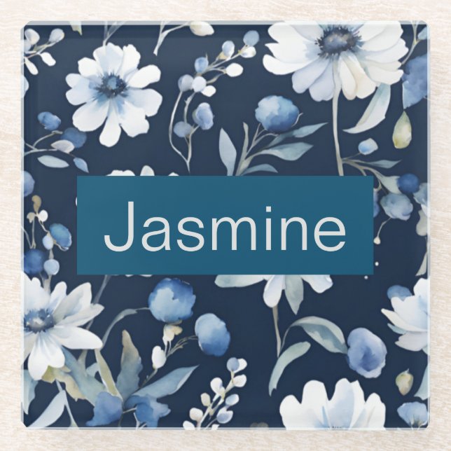 Professional Modern Minimalist Blue Floral Name Glass Coaster (Front)
