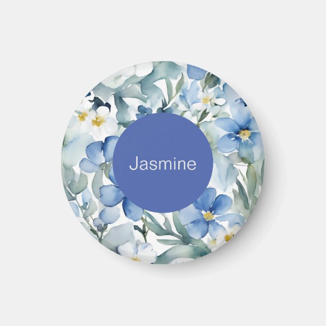 Professional Modern Minimalist Blue Floral Name Magnet (Front)