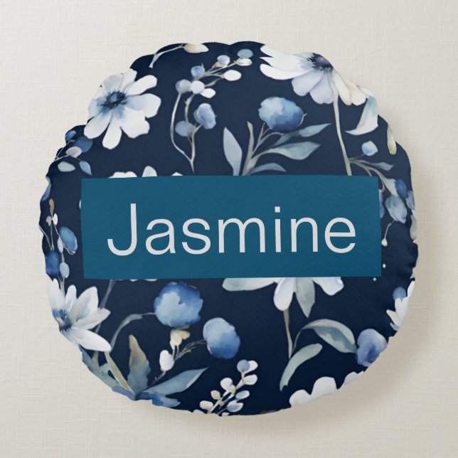 Professional Modern Minimalist Blue Floral Name Round Pillow (Front)