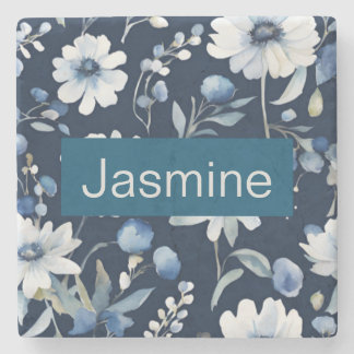 Professional Modern Minimalist Blue Floral Name Stone Coaster