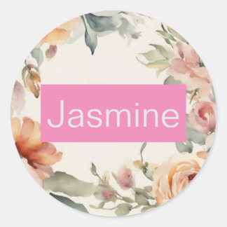Professional Modern Minimalist Roses Floral Name Classic Round Sticker