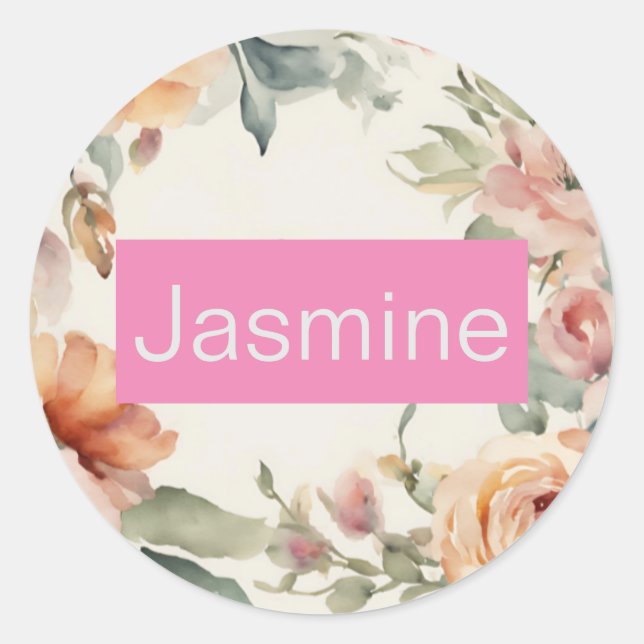 Professional Modern Minimalist Roses Floral Name Classic Round Sticker (Front)