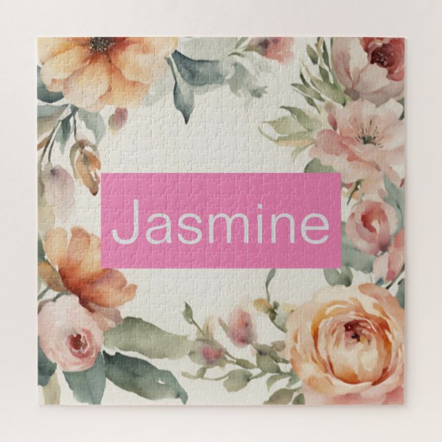 Professional Modern Minimalist Roses Floral Name Jigsaw Puzzle (Vertical)
