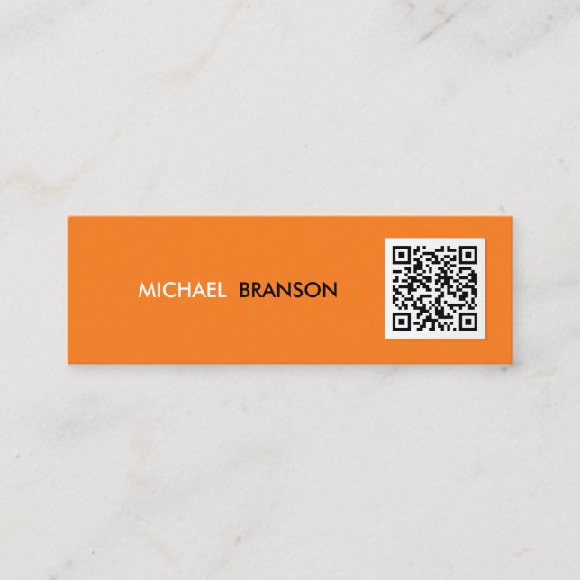 Professional Modern ORANGE Black Minimal QR CODE  Mini Business Card (Front)