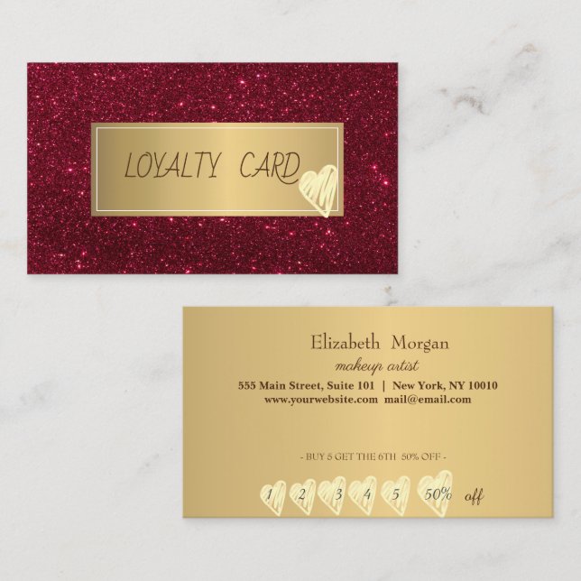 Professional Modern Red Glitter,Frame,Gold Hearts  Loyalty Card (Front/Back)