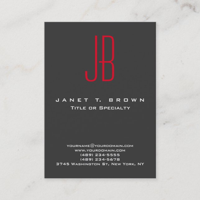 Professional Modern Red Monogram Grey Business Card (Front)