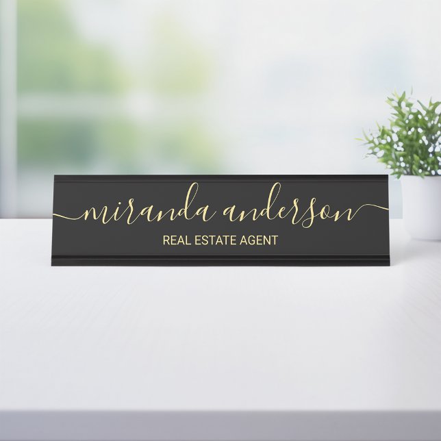 Professional Modern Script Black and Gold Desk Name Plate (Creator Uploaded)