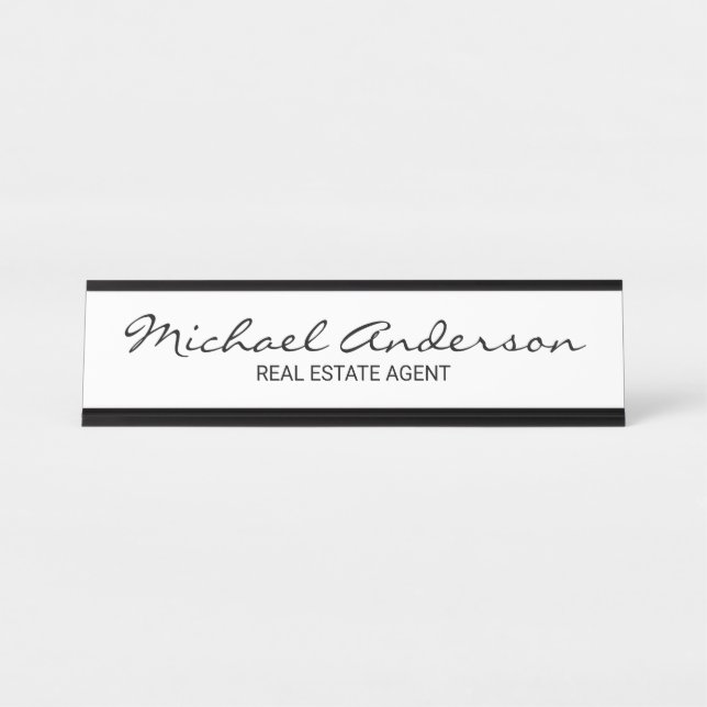 Professional Modern Script Black and White Desk Name Plate (Front)