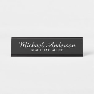 Professional Modern Script Black and White Desk Name Plate