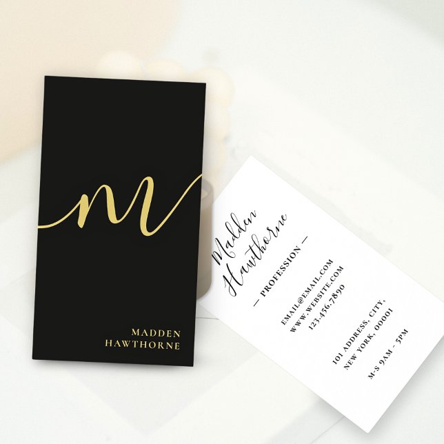 Professional Modern Script Black Gold Monogram Business Card (Creator Uploaded)