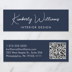 Professional Modern Script QR Code Blue Mini Business Card