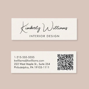 Professional Modern Script QR Code Cream Mini Business Card