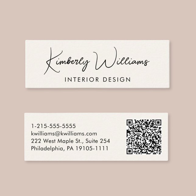 Professional Modern Script QR Code Cream Mini Business Card (Creator Uploaded)