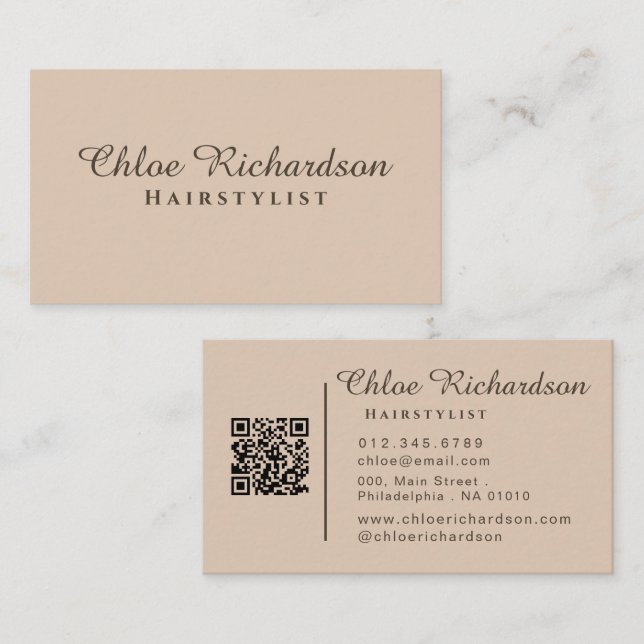 Professional Modern Soft Beige Typography QR Code Business Card (Front/Back)