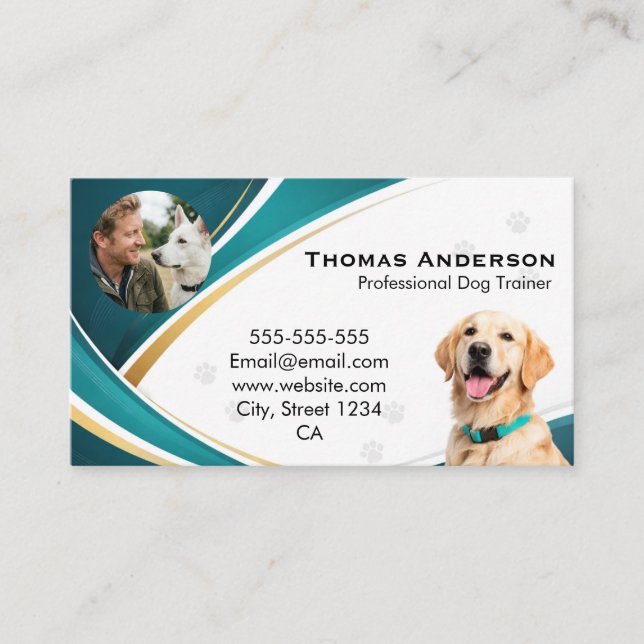 Professional Modern Teal & Gold Dog Trainer Custom Business Card (Front)