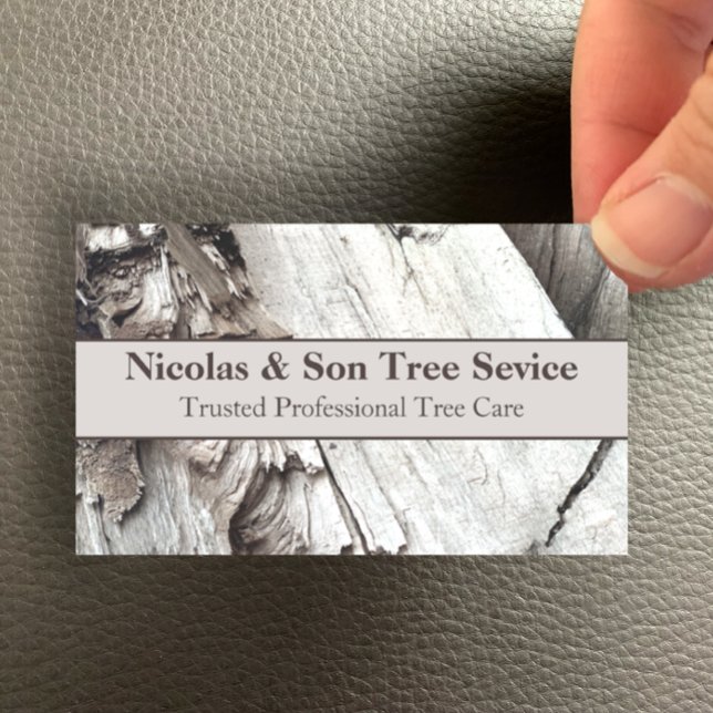 Professional Modern Wood Tree Removal Service Man  Business Card (Add your business details to this natural, rustic, modern grey wood grain business card template.)