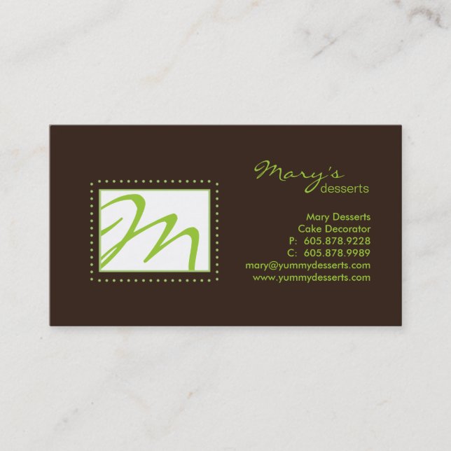 Professional Monogram Business Card Green Brown (Front)