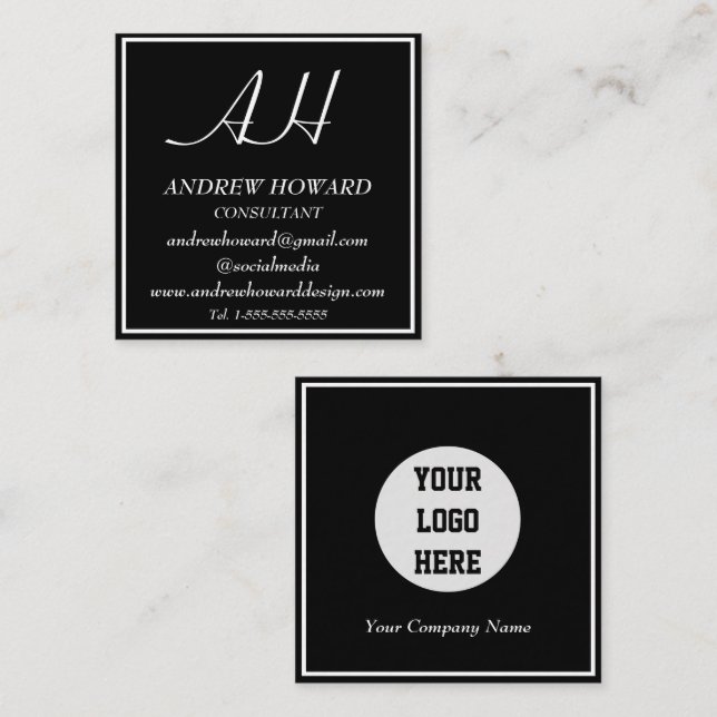 Professional Monogram Logo Masculine Black Square Business Card (Front/Back)