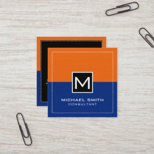 Professional Monogram Modern Dark Blue Orange Square Business Card