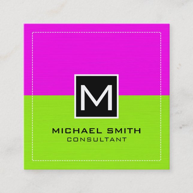 Professional Monogram Modern Lime Magenta Square Business Card (Front)