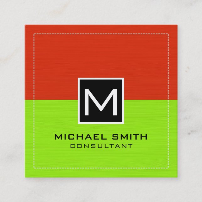 Professional Monogram Modern Lime Red #2 Square Business Card (Front)