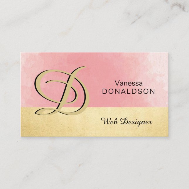 Professional Monogrammed Gold Pink Watercolor Business Card (Front)