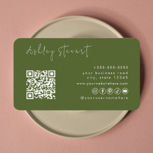 Professional Moss Green Qr Code Minimal Script Business Card