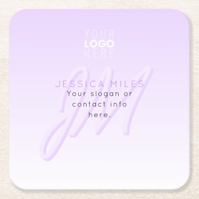 Professional Name & Slogan Template | Light Purple Square Paper Coaster (Front)