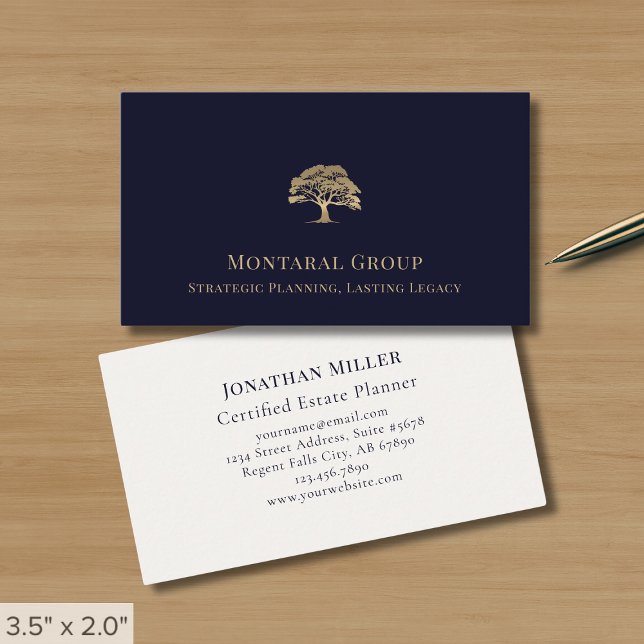 Professional Navy Blue Gold Tree Logo Business Card (Creator Uploaded)