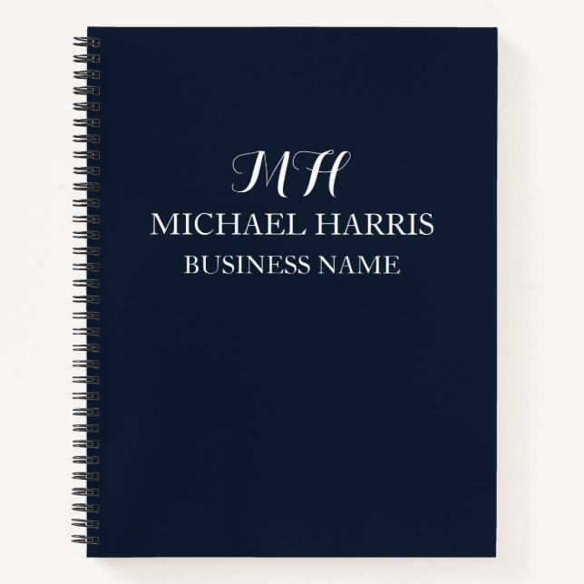 Professional Navy Blue Monogram Initial Business Notebook (Front)