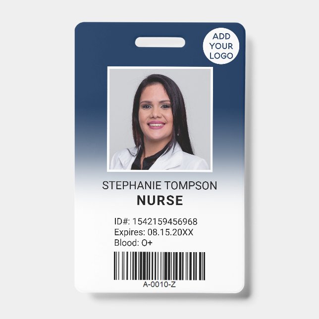 Professional navy blue ombre nurse photo logo code badge (Front)