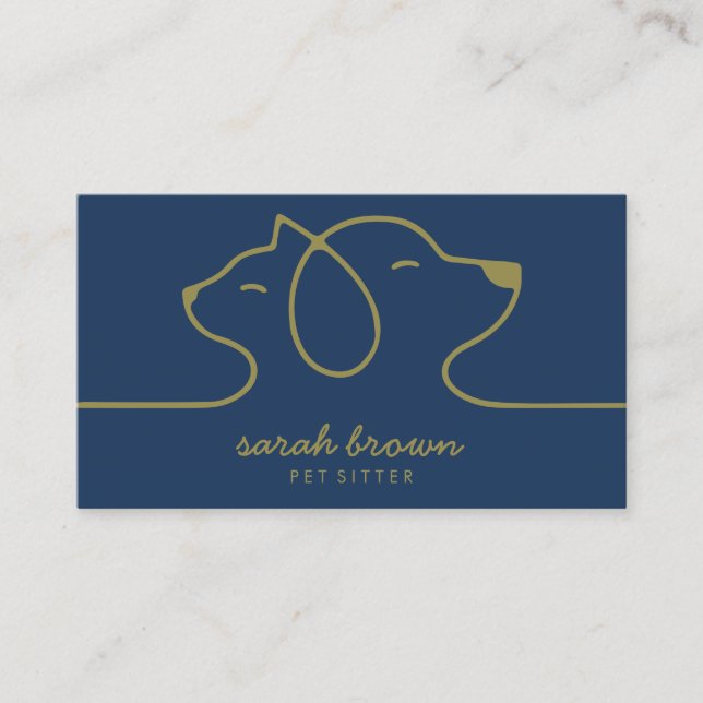 Professional Navy Brown Dog Cat Pet Logo Business Card (Front)
