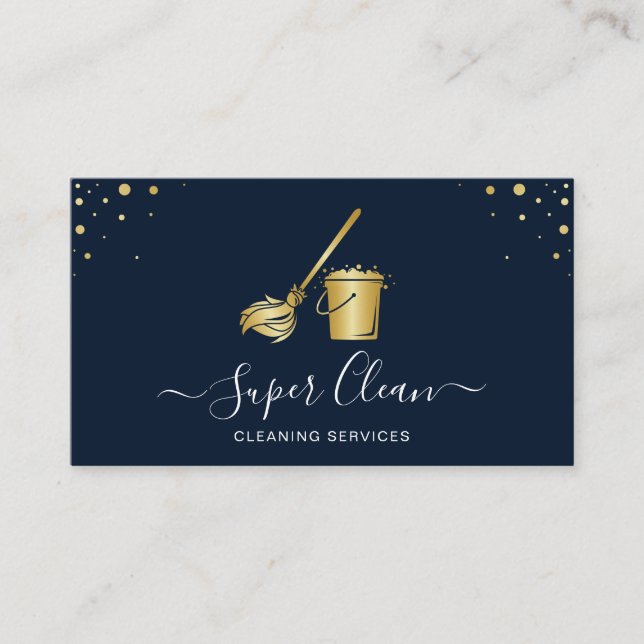 Professional Navy Gold House Cleaning Maid Business Card (Front)