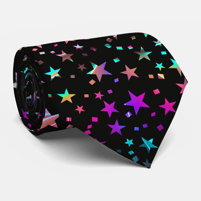 Professional Neon Pink Purple Blue Stars Black Tie (Rolled)
